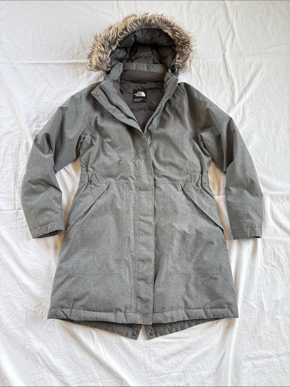 North Face Arctic Down Parka Heather Gray with Faux-Fur Hood Women’s Large Coat